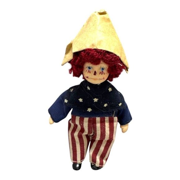Vintage Rag Doll Red Curly Hair & Striped Pants Patriotic Dunce Cap Hat Mini 4" - Picture 1 of 5
